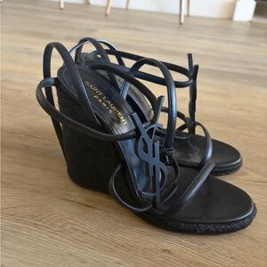 Saint Laurent Black Leather Logo Wedge Sandals